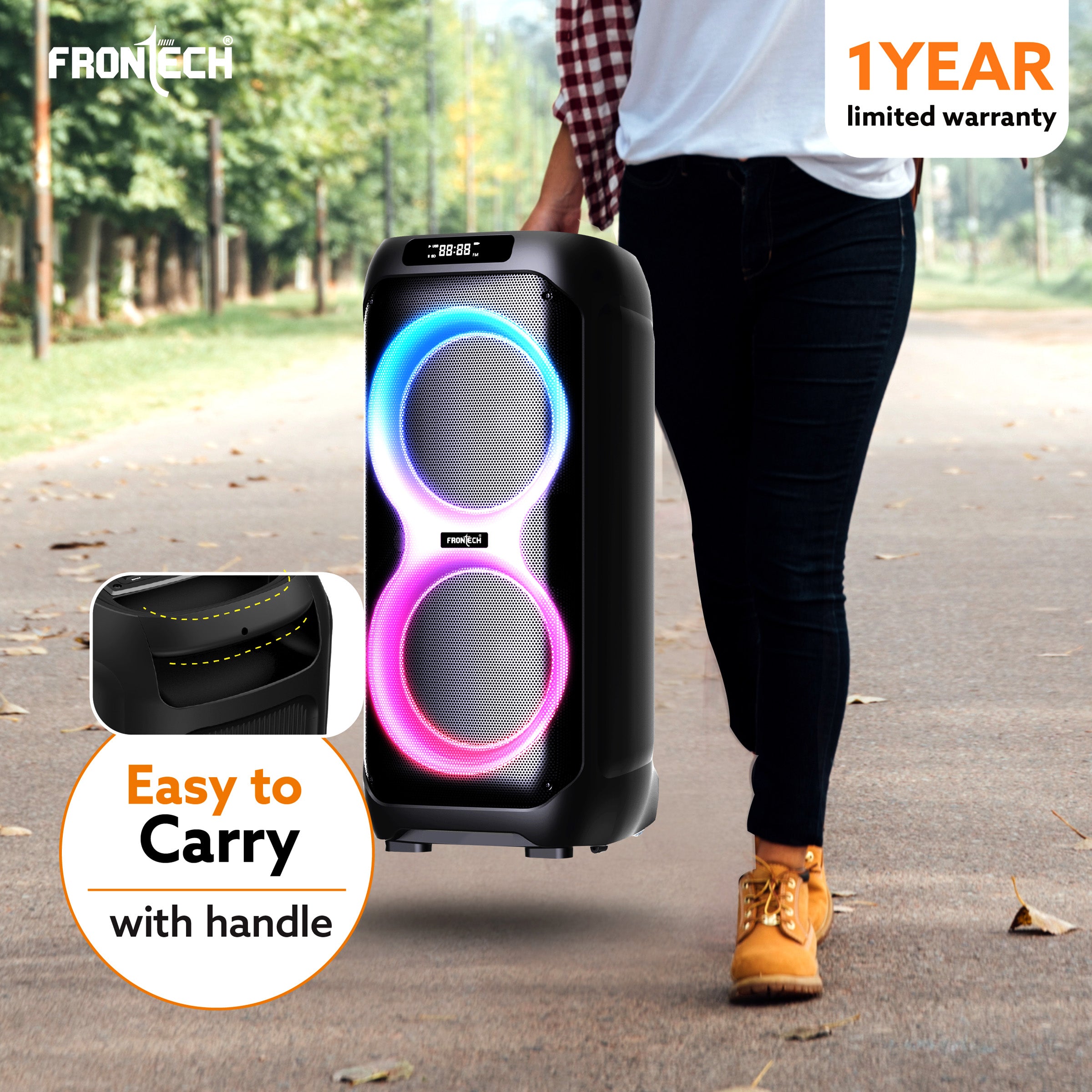 FRONTECH SMASH PRO-22P 100W Portable Party Speaker | True Wireless| Karaoke Function with Wireless Mic | RGB LED Disco Lighting | Bluetooth 5.0 | FM Radio| USB, TF, AUX| Type-C Charging Port | 1 Year Limited Warranty (SW-0022P) FRONTECH SMASH PRO-22P 100W Portable Party Speaker | True Wireless| Karaoke Function with Wireless Mic | RGB LED Disco Lighting | Bluetooth 5.0 | FM Radio| USB, TF, AUX| Type-C Charging Port | 1 Year Limited Warranty (SW-0022P)